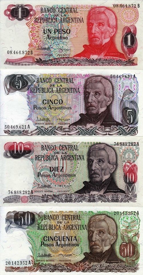 Argentina 1983 85 4 UNC Banknotes Set 1 5 10 50 Pesos