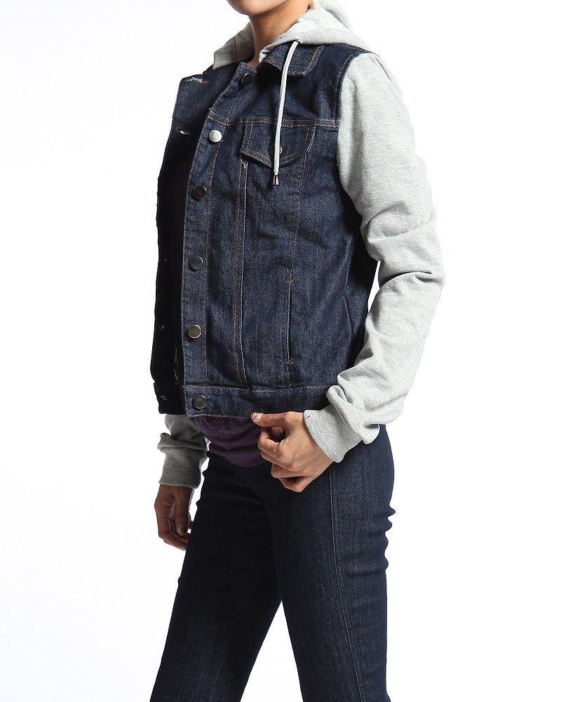 MOGAN Denim Kash Hooded Jacket Indigo Washed Jean Contrast Terry