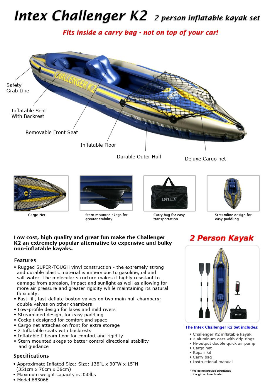 Intex Challenger K2 Two 2 Person Inflatable Kayak Set