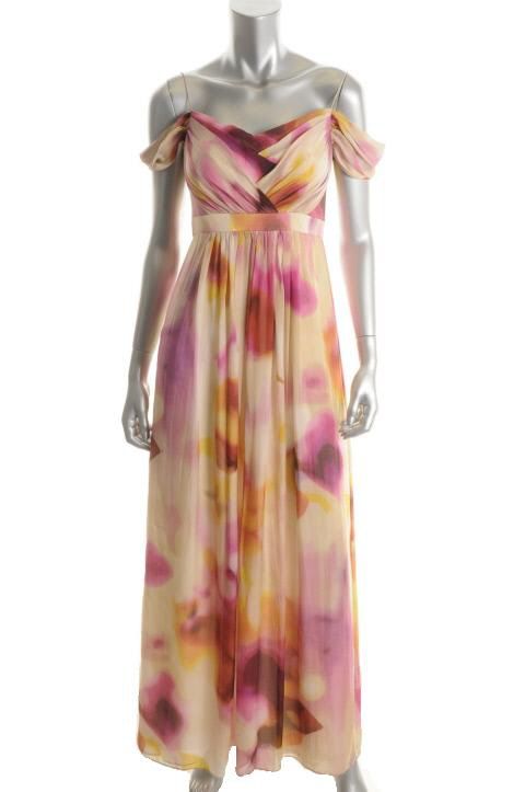 Kay Unger New Multi Color Watercolor Silk Sleeveless Pleated Formal