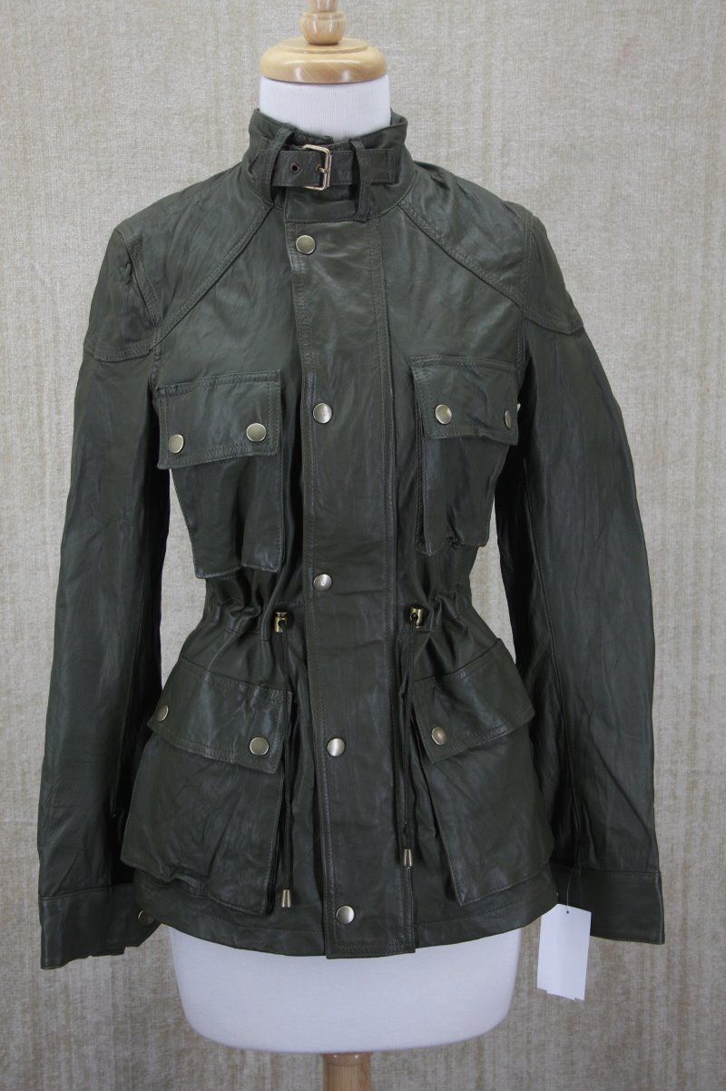 s Kenna T Army Green Leather Military Biker Jacket Small $378