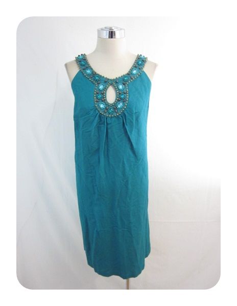 Madison Leigh Jade Green Linen Blend Beaded Keyhole Shift Dress 18 $86