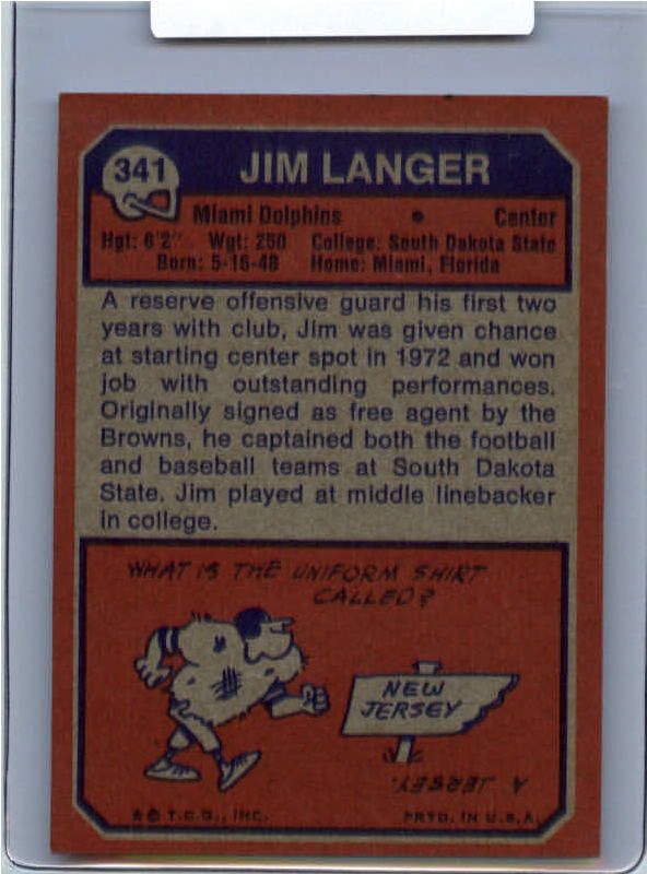 1973 Topps FB 341 Jim Langer RC Dolphins STARSFB2 1067