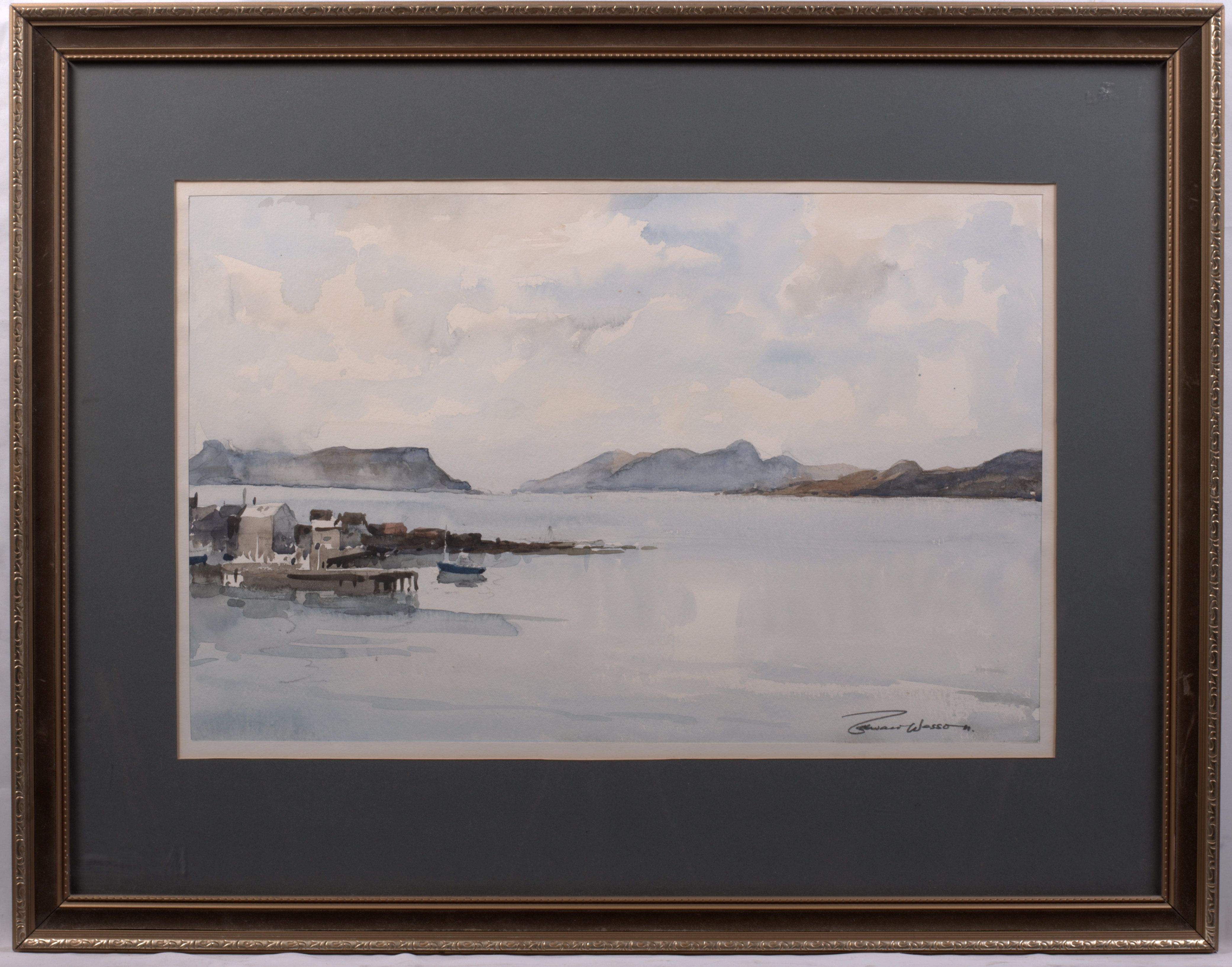 1910 1983 Signed Watercolour Harbour Lake Scene with Boat