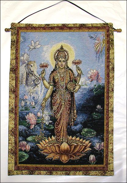 Lakshmi Orange Lotus Wall Hanging 18 x 25 Wood Rod