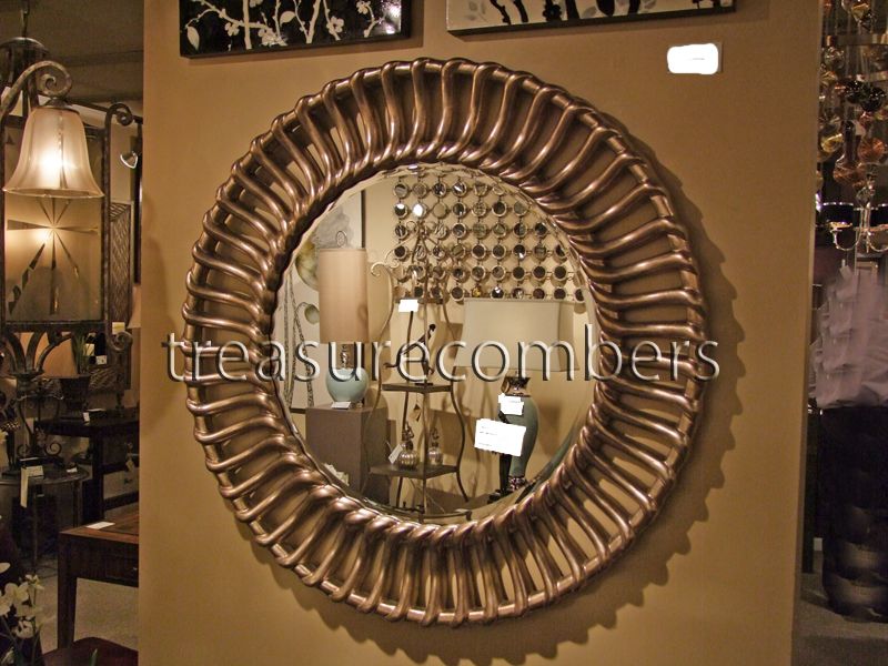 Large Round Silver Leaf Beveled Wall Mirror Modern