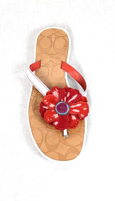 Authentic Coach White Red Leather Larisa Big Flower Flip Flops Sandals