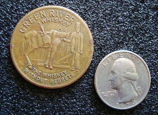 AND VINTAGE GREEN RIVER WHISKEY BRASS TOKEN. HORSE SHOE, FOUR LEAF