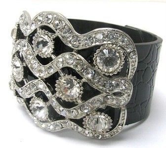 Black Leather Crystal Stud Rhinestone Silver Bracelet
