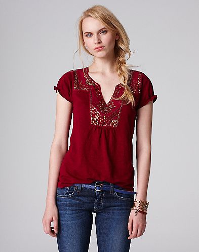 Lucky Brand Women Veronica Beaded Vintage Style Burgundy Top Shirt