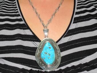 Leonard Nez Big Turquoise Pendant Spectacular Silver