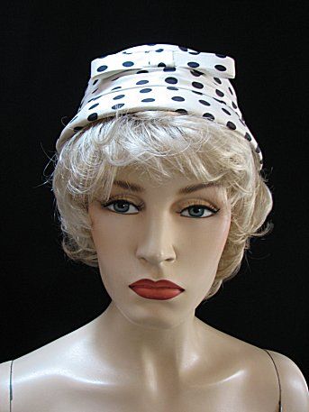 Vintage Hat White w Blue Polka Dots Adorable 1458