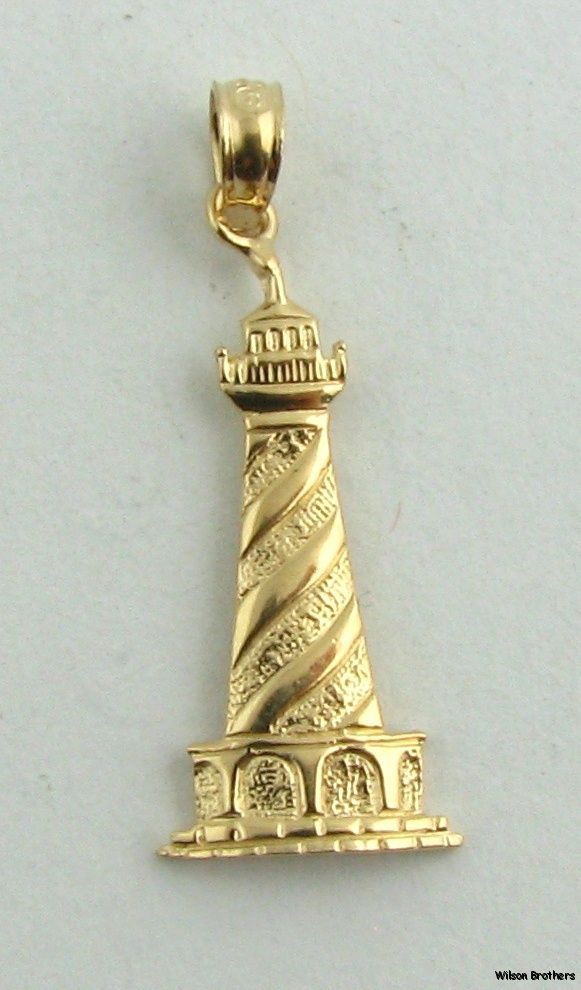 Lighthouse Pendant Solid Fine 14k Yellow Gold Beach Theme Charm