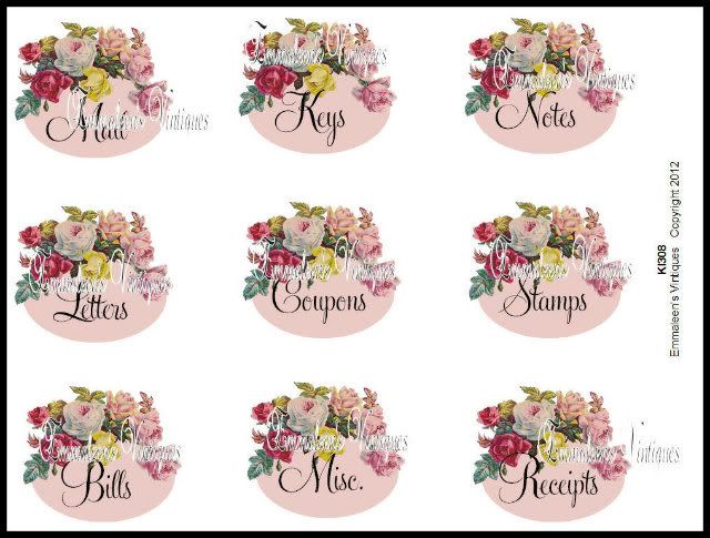 Shabby Floral Roses Kitchen Desk Organizer Label Decals KI308