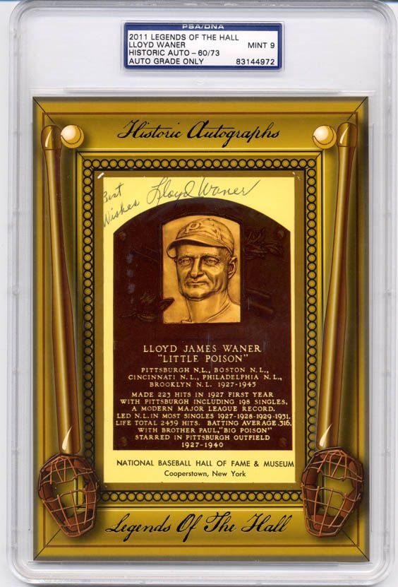 Lloyd Waner Legends of Hall Historic Auto PSA 9 Mint Gold HOF Plaque