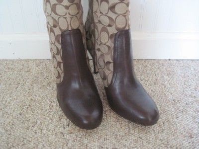 Coach Blane Womens Khaki Knee High 12cm Signature C Leather Trim Boots