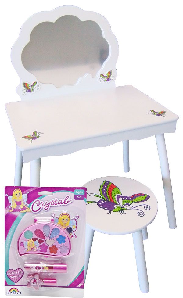 Little Girls White Vanity Table and Stool with Free Make Up Set