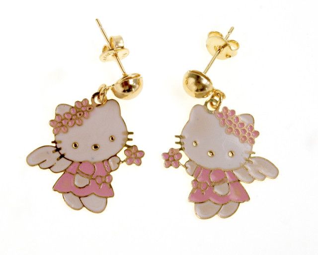 Gold 18K GF Angel Hello Kitty Pink Enamel Wings Earrings Dangle Kids