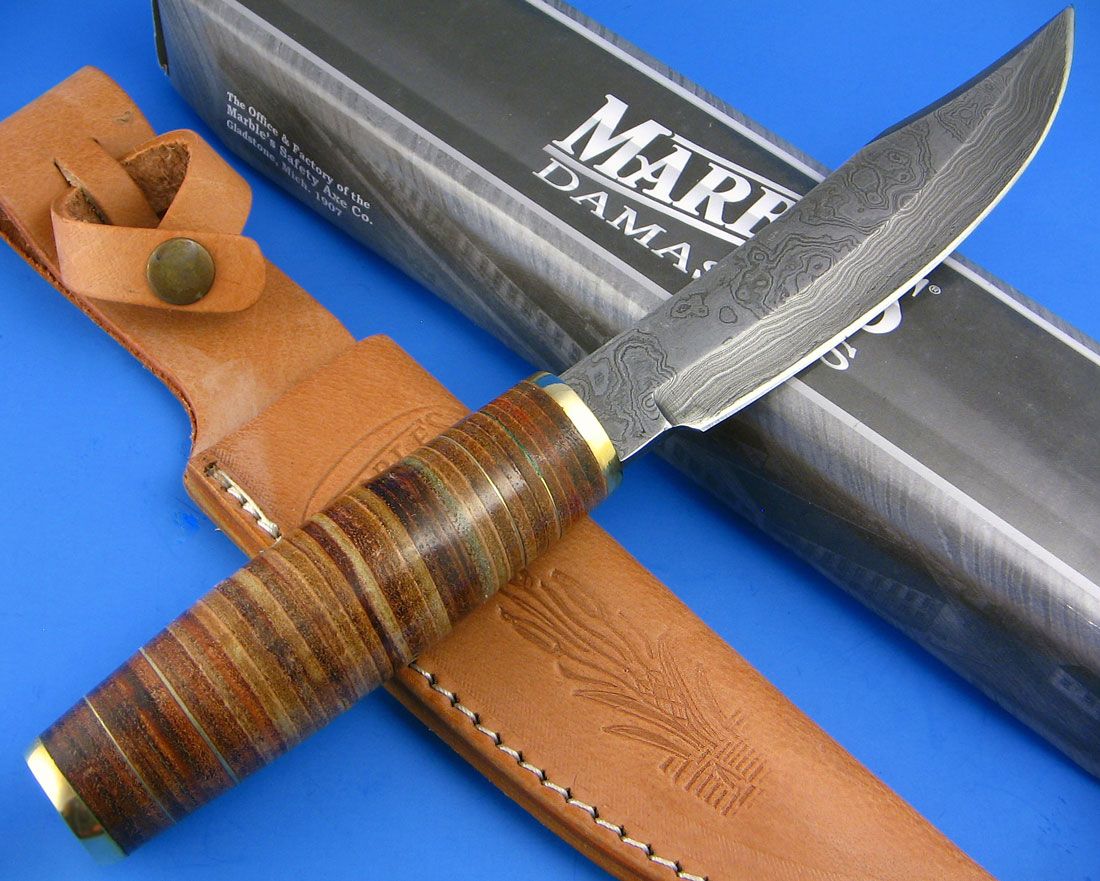 Marbles Damascus Blade Stacked Leather Handle Hunting Skinning Field