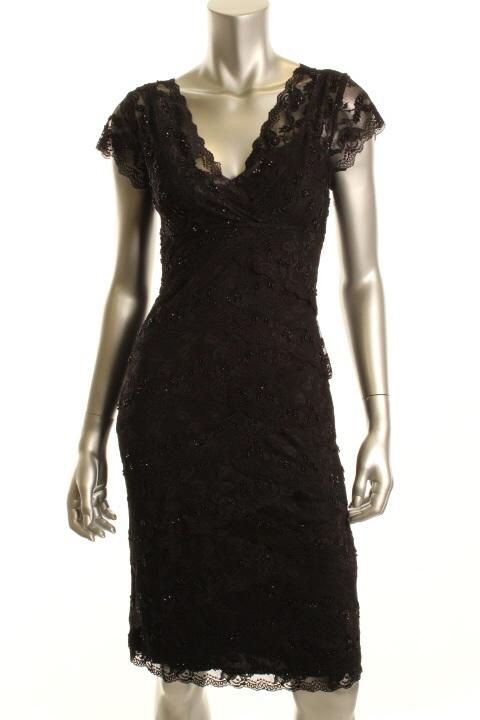 Marina New Black Cap Sleeve Embellished Lace Tiered Semi Formal Dress