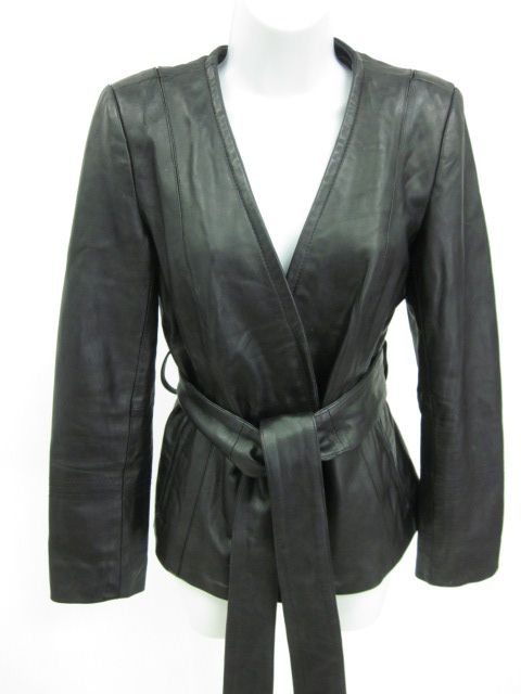  Black Leather Belted Coat Jacket Sz S