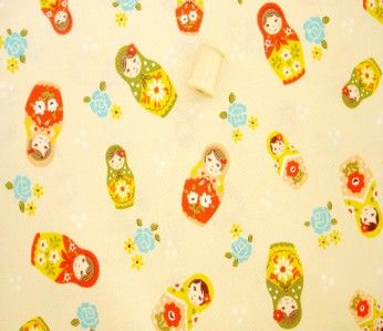 JAPANESE MATRYOSHKA DOLL and PINK ROSES COTTON FABRIC ON A BEAUTIFUL