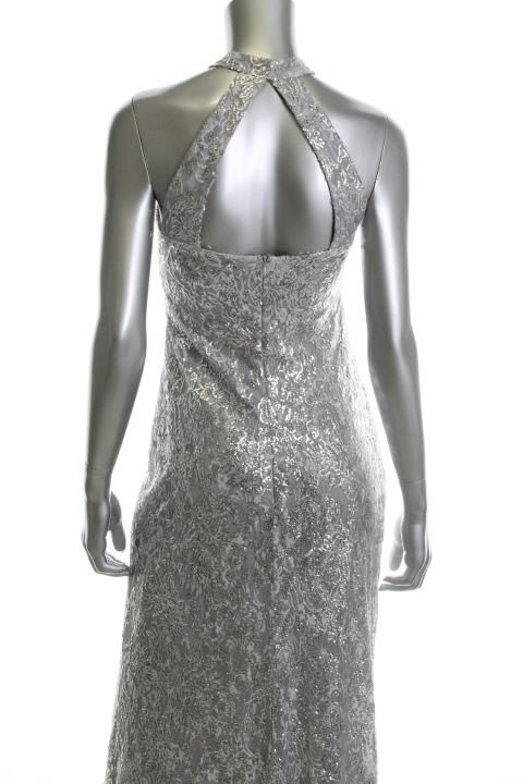 David Meister New Silver Sequin Mesh Overlay V Neck Halter Formal