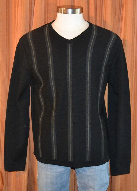 Black Green Gray Stripe Merino Wool V Neck Sweater Mens Large