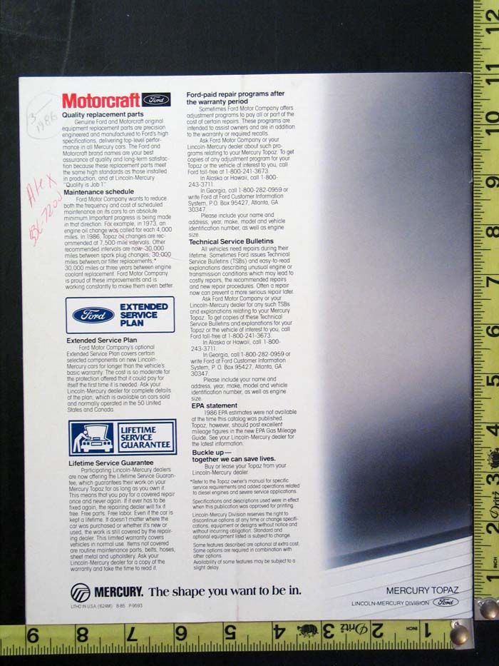 Original 1986 Ford Mercury Topaz Showroom Car Brochure