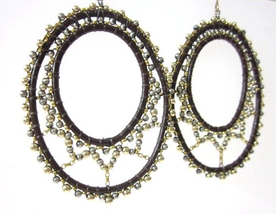 Miguel Ases Gold Tone Brown Leather Bead Hoop Earrings