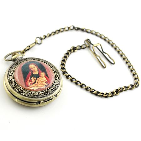 Bronze Steampunk Mechanical Pocket Watch Madonna Baby Image Hand