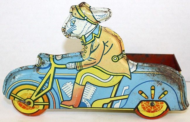 Vintage Wyandotte Easter Bunny Delivery Motorcycle Tin Litho Toy