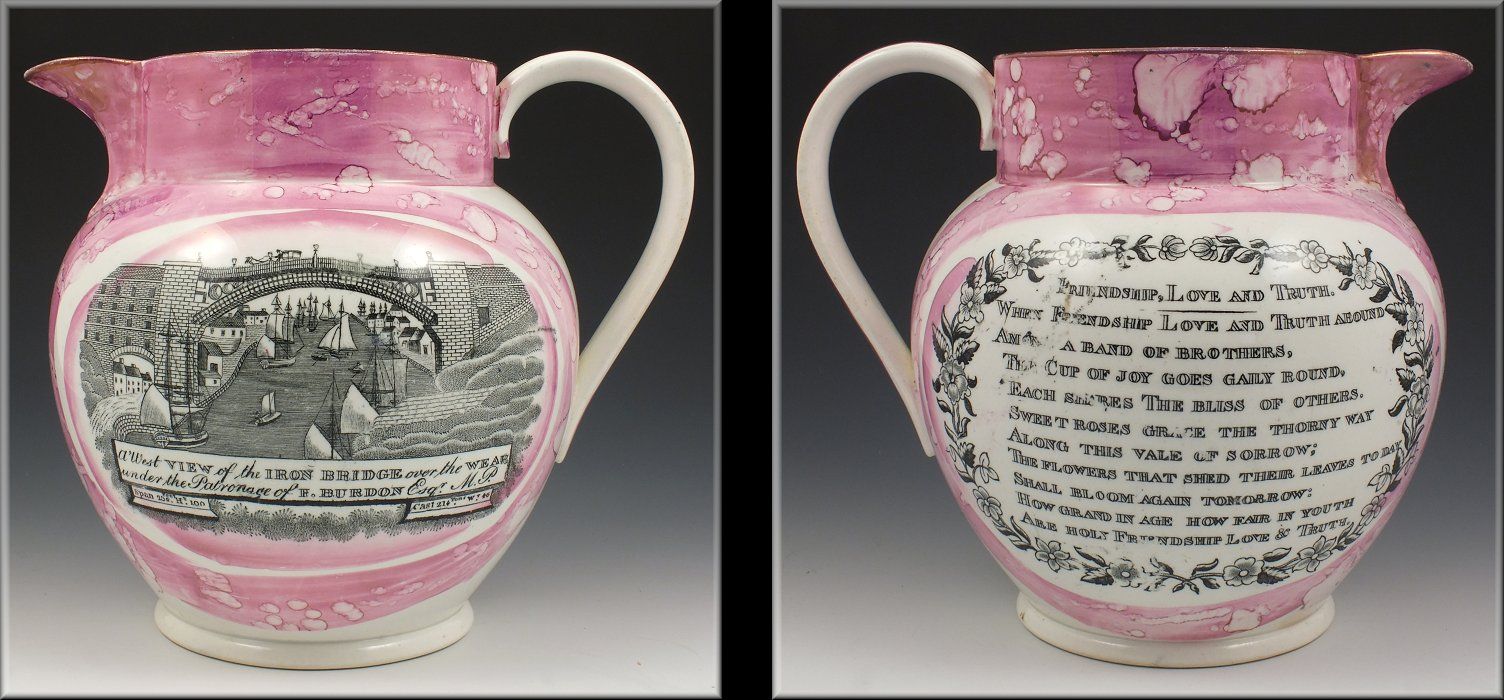 19th C Sunderland Luster Jug w Iron Bridge Friendship Love Truth Verse