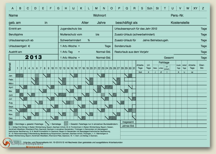 100x Brunnen Urlaubskarte Personalkarte 2013 A5 quer