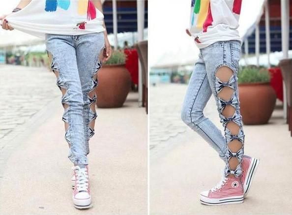 Vintage Detailed Woman Side Bow Cutout Ripped Denim Sexy Jeans