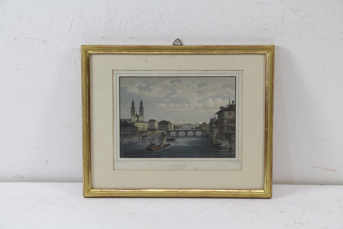 Orig. colorierter Stahlstich Ansicht Zürich um 1850 A.J.Terwen