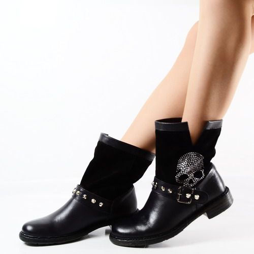 Damen Stiefeletten Schuhe Echtleder Biker Boots Skull Punk Nieten Neue