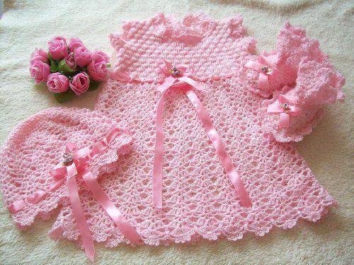 Mädchen Häkelkleid Röschen Handarbeit *NEU 62 68 Baby Rosa