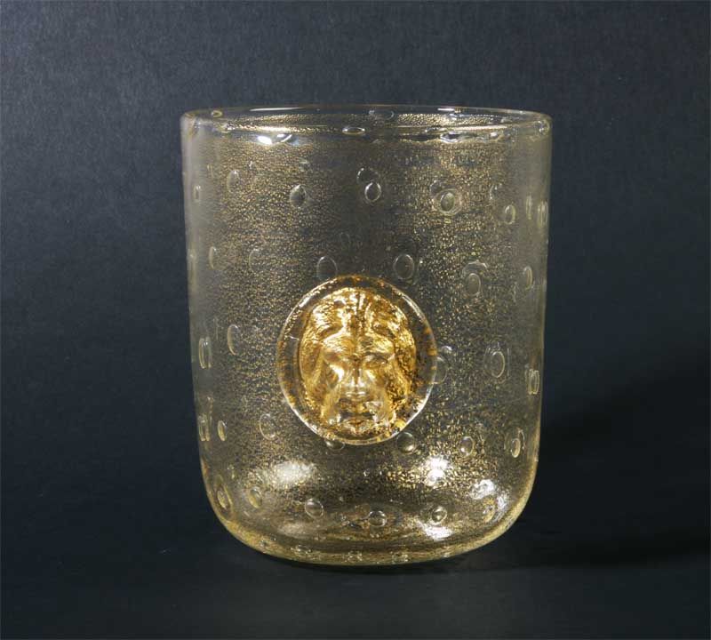 Murano Glas Becher 1960/80 Löwenkopf Medaillon Gold