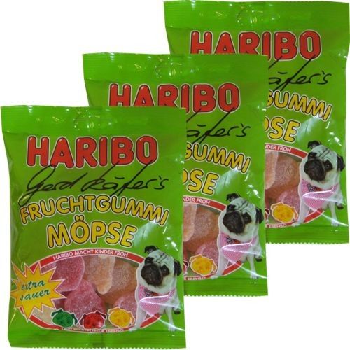 82€/1kg) Haribo Fruchtgummi Möpse, Extra Sauer 3x200g