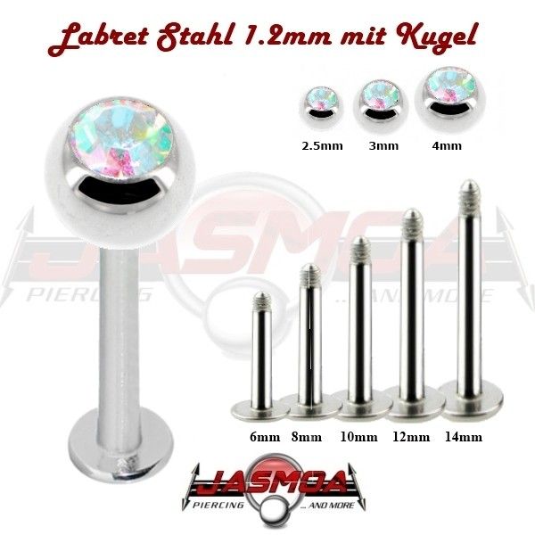 Labret Piercing Lippenpiercing Stahl 1,2mm viele Größen mit