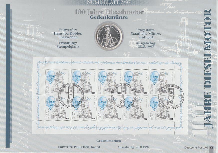 BRD, 10 DM Numisblatt 100 Jahre Dieselmotor 2/97 in Schutzfolie