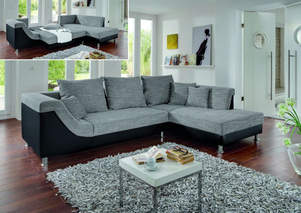 Wohnlandschaft Dijon Lederlook Schwarz Struktur Grau Sofa Ecksofa