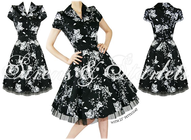 Partykleid schwarzes Blumenmuster Vintage 1950er Retro Rockabilly