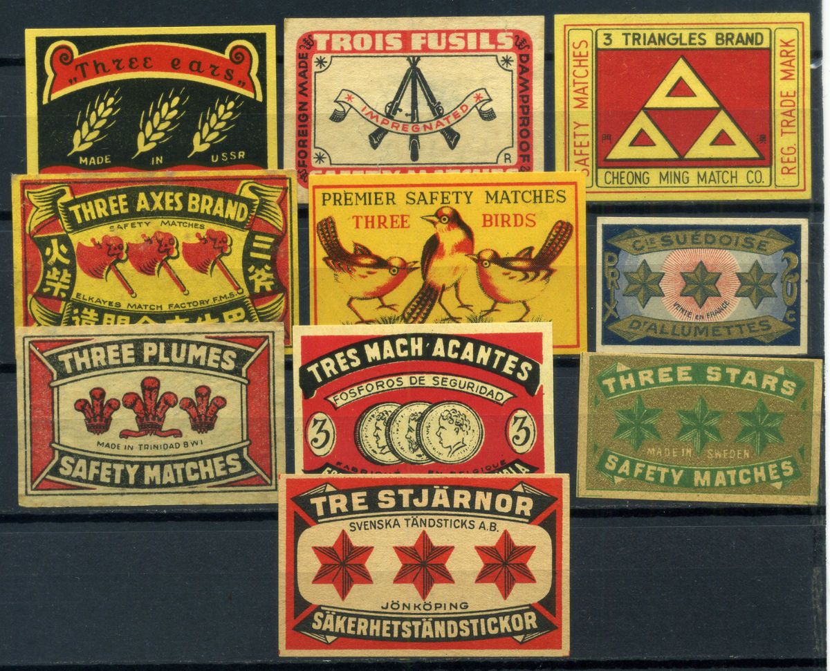 10 Old Matchbox Labels Theme THREES   Lot 174