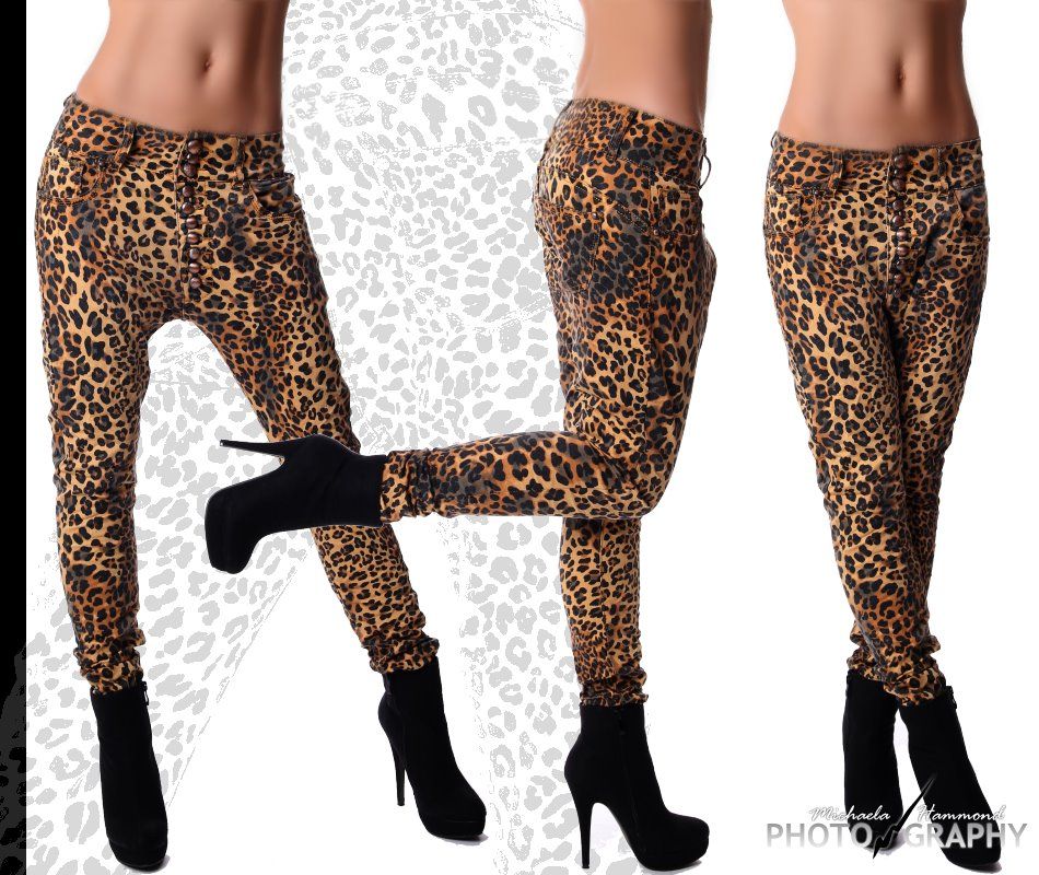 Neu Hüft Jeans Damen Hose Harem Aladin Boyfriend Leopard Leo Gold XS