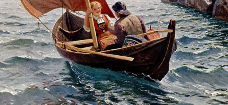 Fröhliche Fahrt Segelboot an der Küste Kind von Hans Dahl 1903 SEE