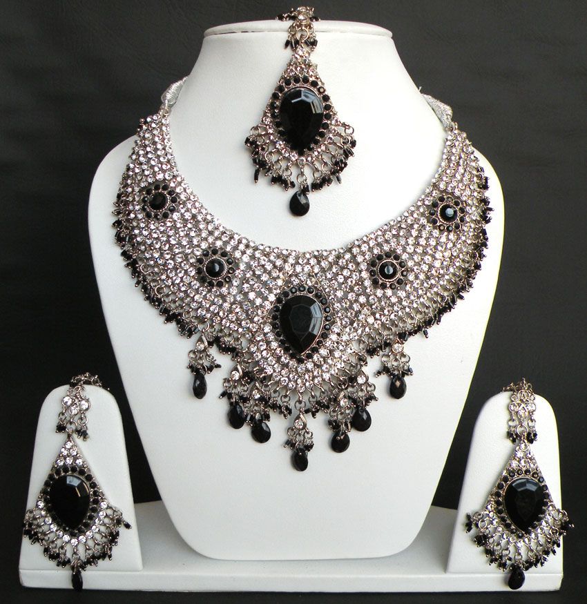 BOLLYWOOD INDIAN WEDDING SARI HEAVY SILVER FINISH KUNDAN NECKLACE SET