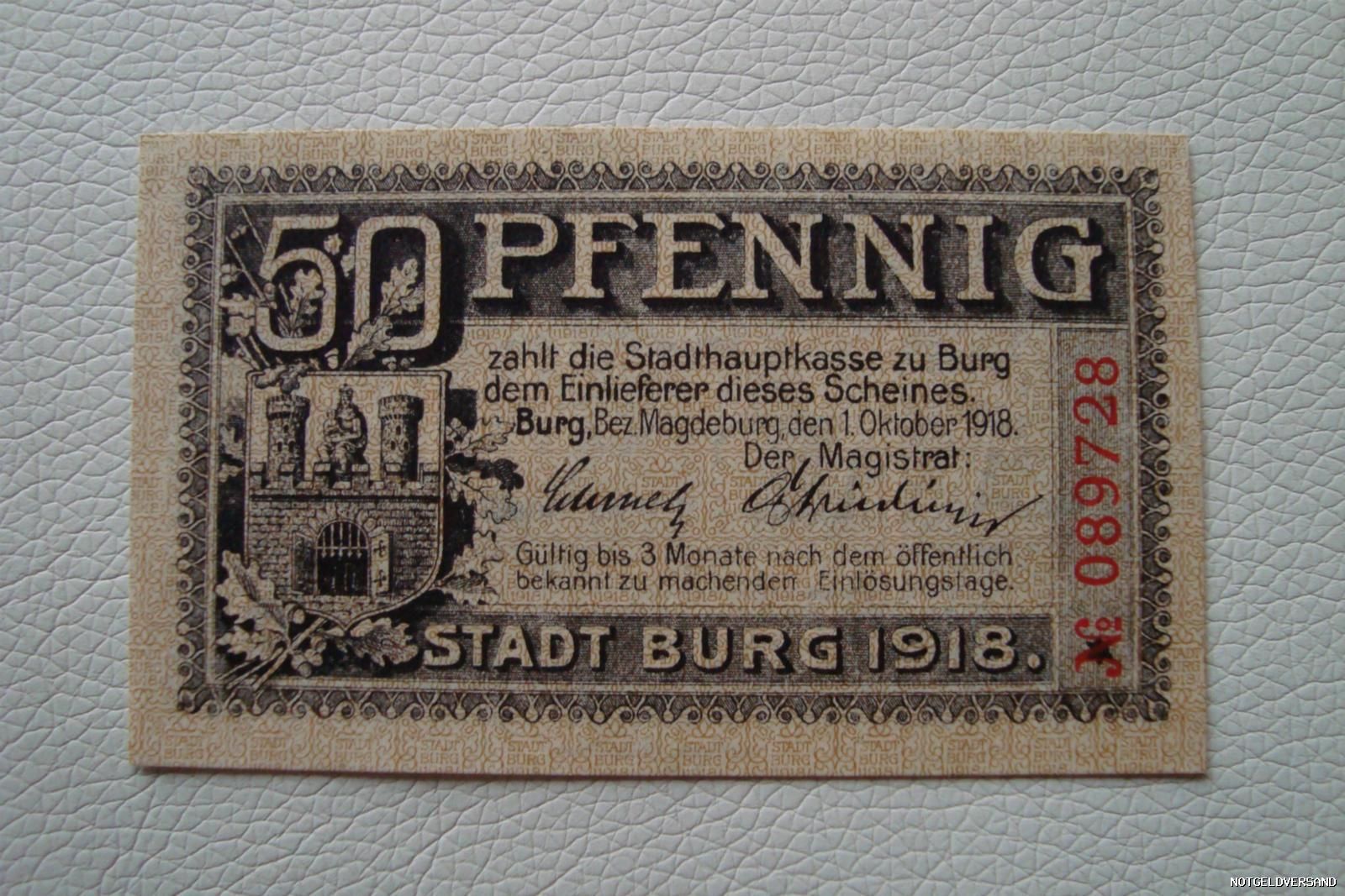 Notgeld Stadt BURG (Provinz Sachsen) Gutschein 50 Pfennig 1918 Germany