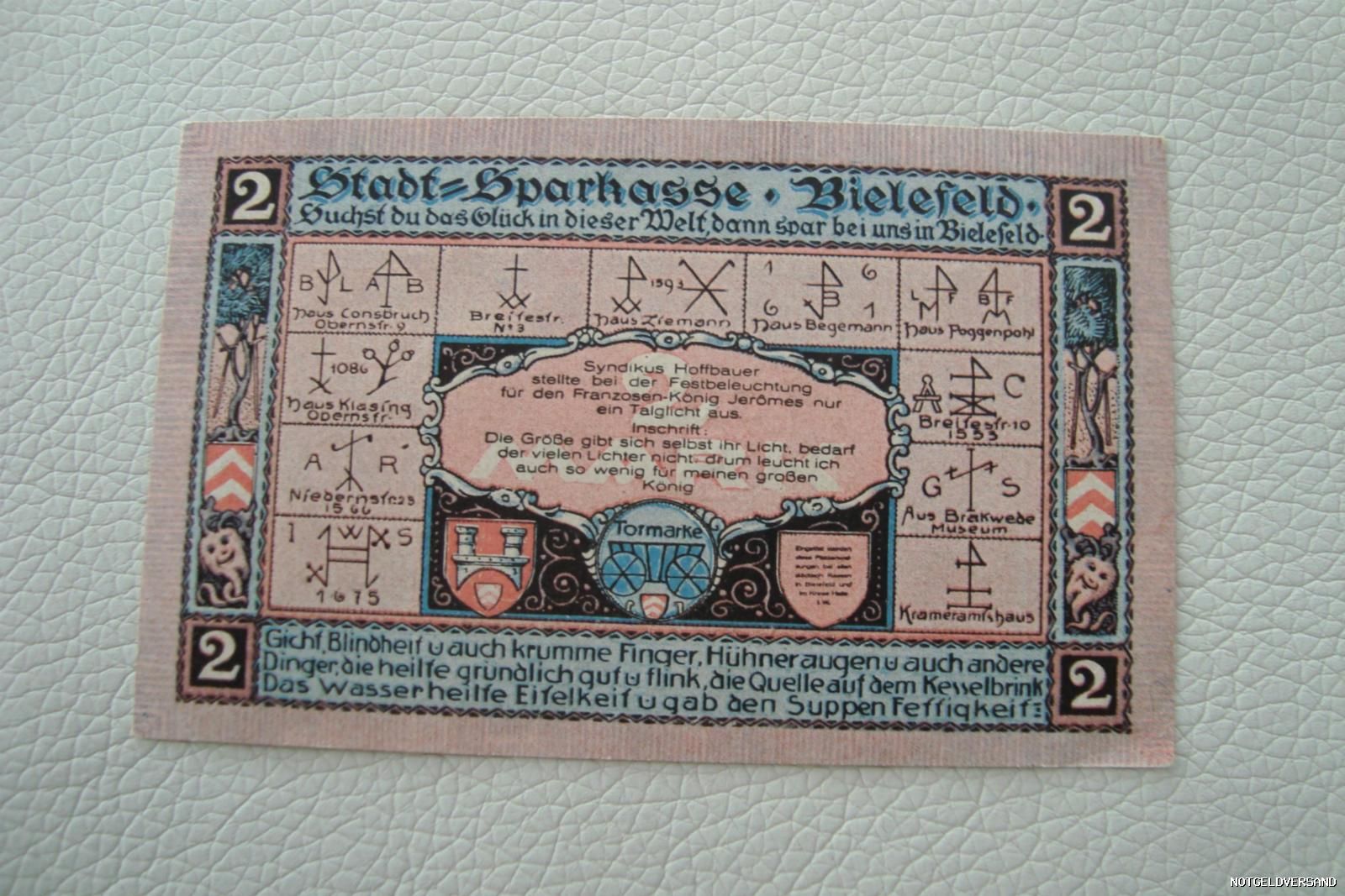 Notgeld☆★☆ Stadt Bielefeld (Wfl/NW) Sparkasse 2 Mark 1921 A vor